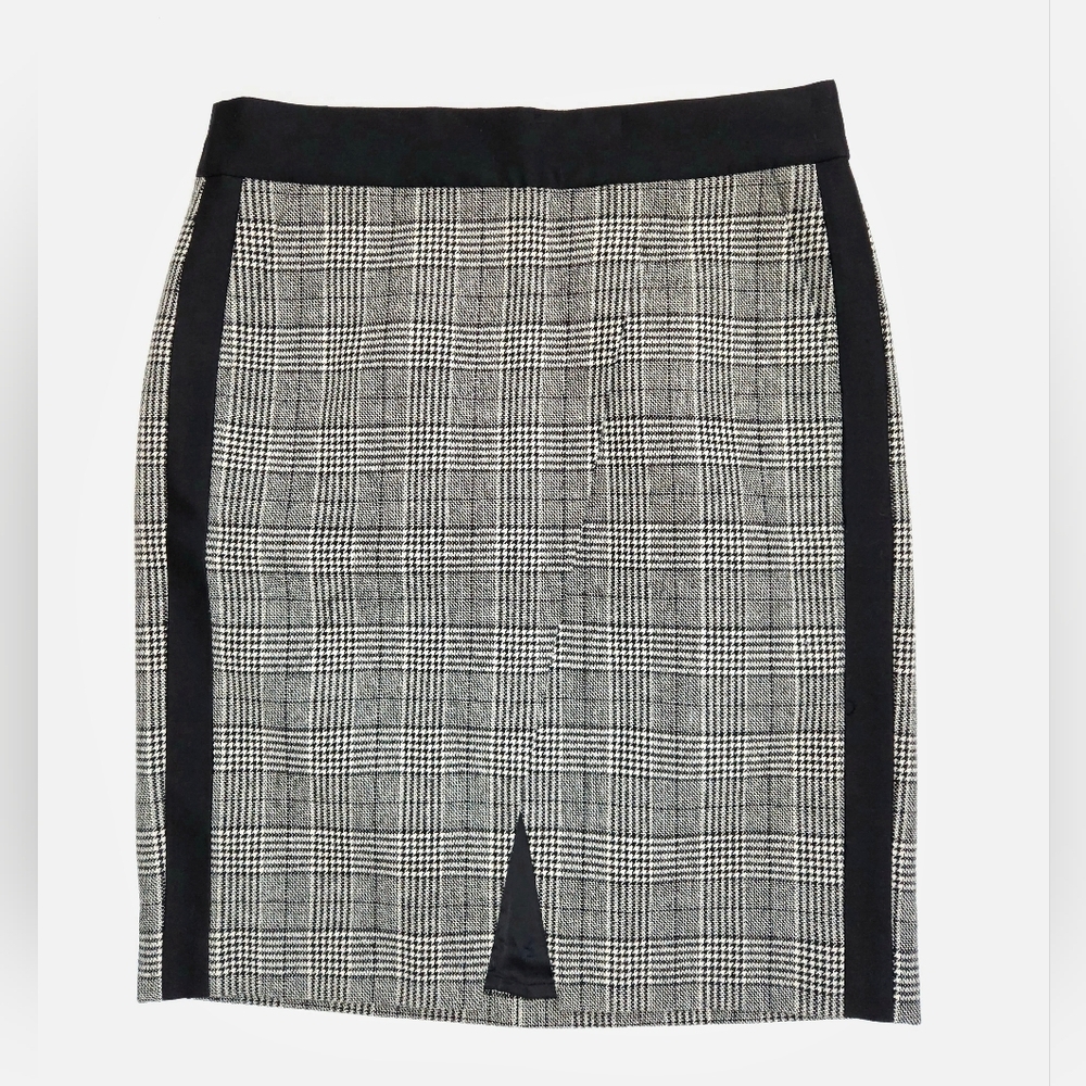 J Crew Houndstooth Glen Plaid Black White Crossover Wool Skirt Women's 12